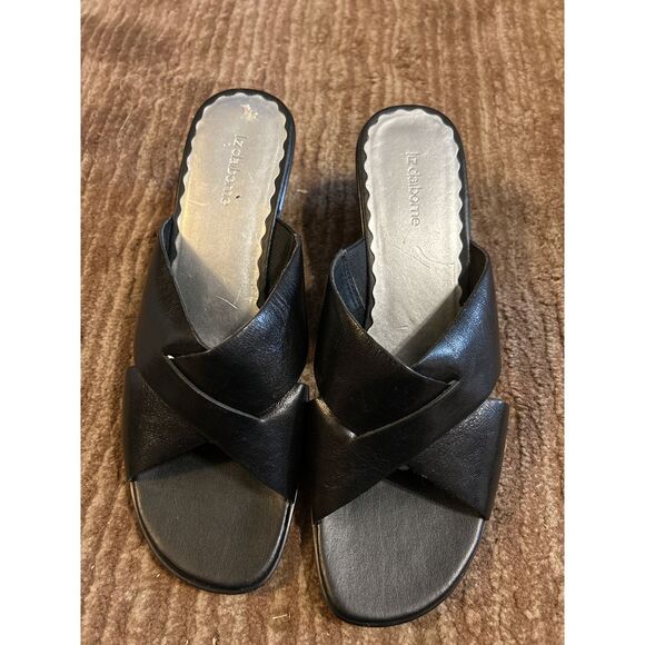 Liz Claiborne Black Leather Criss-Cross‎ Slide Sandals Comfort Footbed - Picture 1 of 3